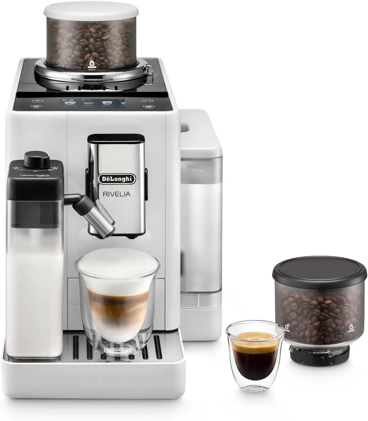 De'Longhi Rivelia EXAM440.55.G, Ekspres automatyczny z LatteCrema Hot, Automatyczny spieniacz do mleka, Kompaktowy rozmiar, 16 przepisów, Kolorowy ekran dotykowy, Szary