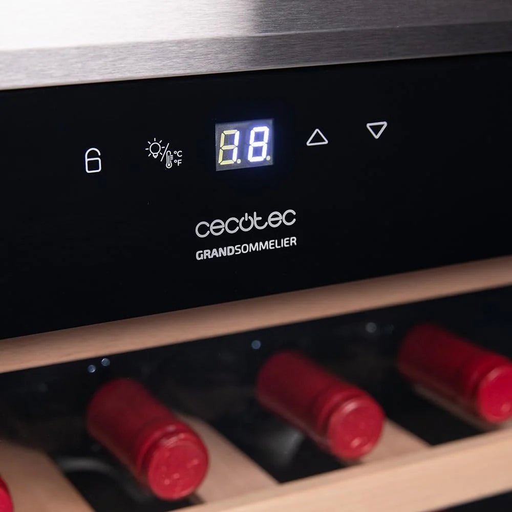Cecotec Chłodziarka do wina 34 butelki Bolero Grandsommelier 34030 inox compressor, 80 L, Chłodzenie kompresorowe, Regulacja temperatury od 5 do 18ºC, Sterowanie dotykowe, Wyświetlacz, Oświetlenie LED wewnętrzne.