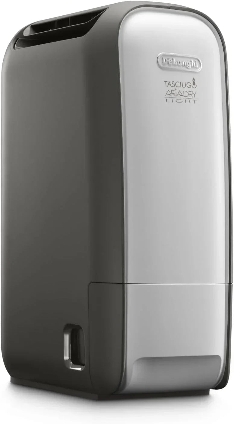 De'Longhi Tasciugo AriaDry Light – Przenośny osuszacz powietrza z technologią Zeolite i jonizatorem, usuwa do 6 l/dzień, do suszenia ubrań, zapobiega pleśni, cichy, funkcja Swing i Timer, szary (DNS65)