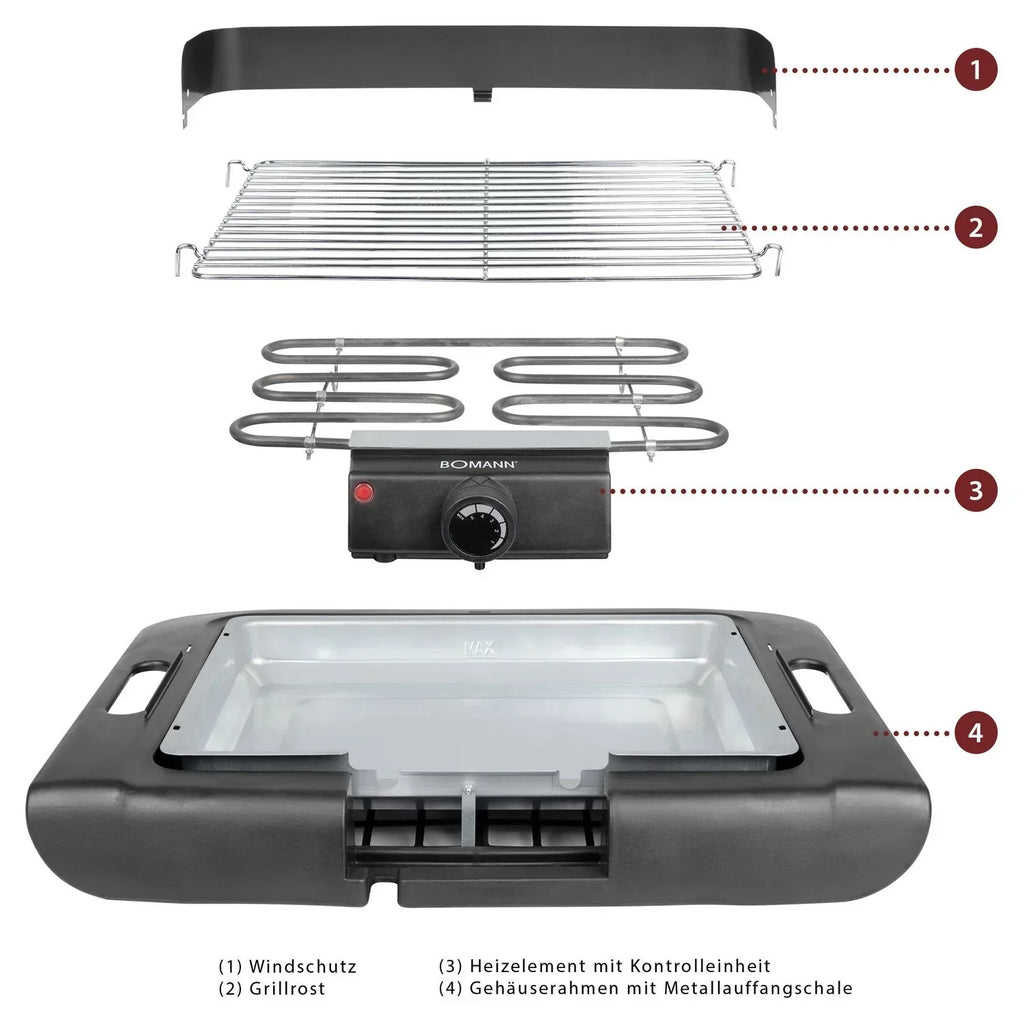 Grill Elektryczny Bomann Bq 2243 Cb, Chromowany Ruszt 36 X 25 Cm, Termostat, Przednia Osłona Przeciwwietrzna, Tacka Ociekowa, Czarny, 2000 W