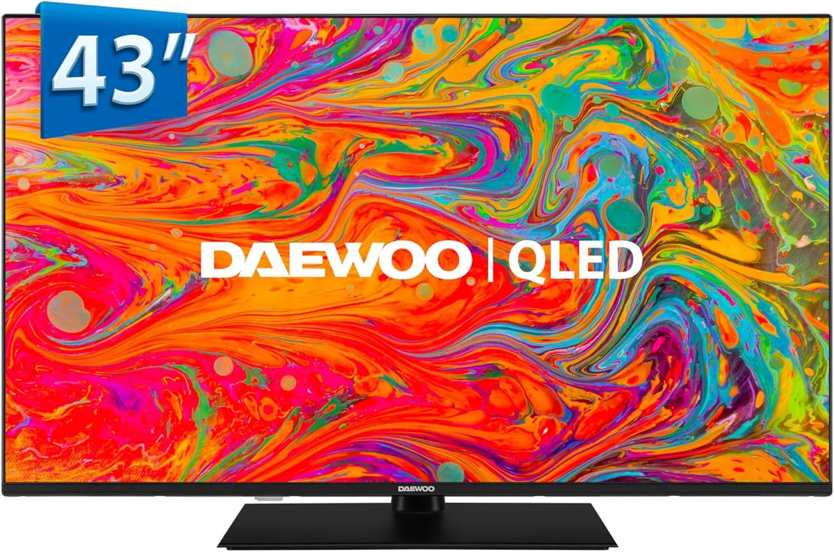 Daewoo 43DM65QV - Telewizor QLED Smart TV 43 cale 4K HDR, Dolby Vision i Dolby Atmos, kompatybilny z Alexą, centralna podstawa, bezramkowy design