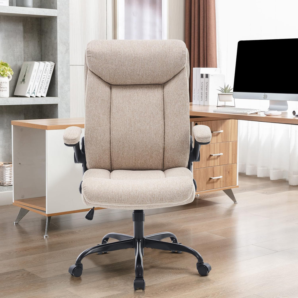 Ergonomiczne krzesło biurowe, krzesło do komputera, obrotowe krzesło robocze ze składanym podłokietnikami, regulacja wysokości, wygodne, do biura, domu, gier (szary materiał) (Czarny)