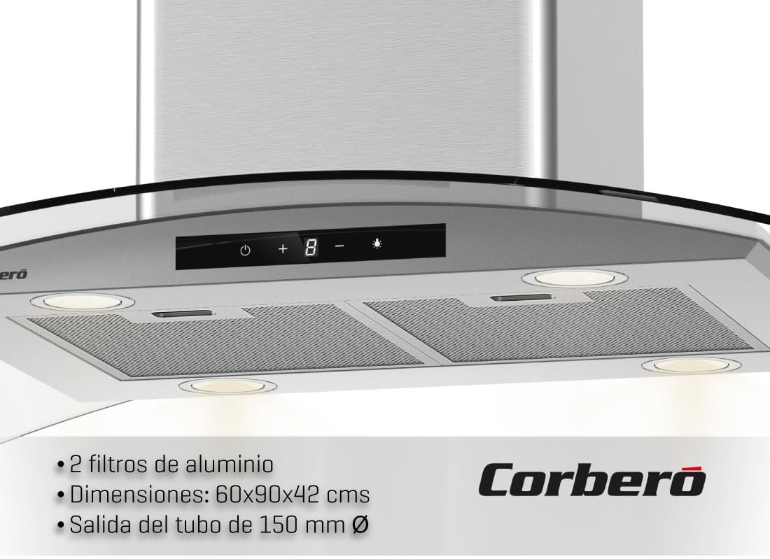 Corberó – Okap Wyspowy 90 cm | SIROS9100 | Wydajność 946m³/h | 66db | 296W | 6 Prędkości | Sterowanie Dotykowe | 2 Filtry Aluminiowe + Filtr Węglowy | Inox