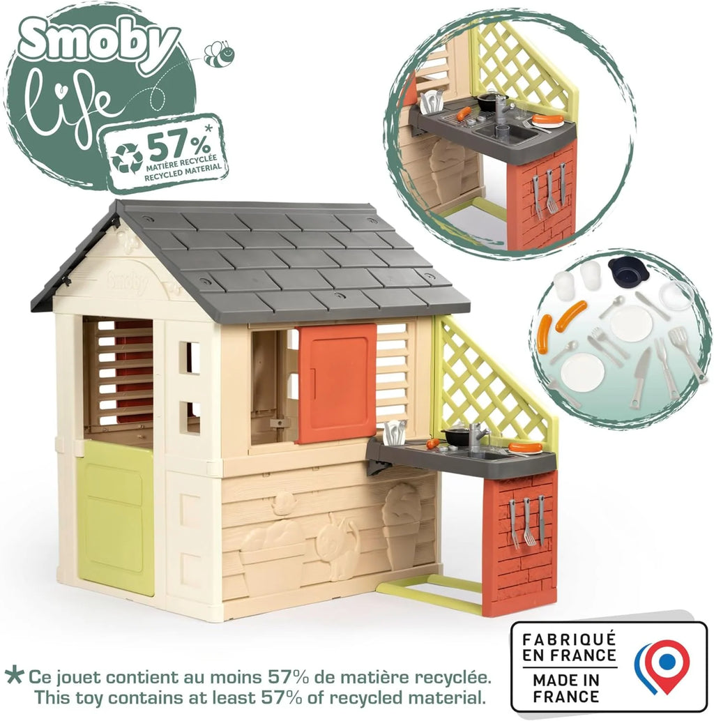 Smoby Life Casa Nature z kuchnią - Domek dla dzieci do użytku wewnątrz i na zewnątrz - Odporny na promienie UV materiał z recyklingu - Od 2 lat - W zestawie kuchnia i akcesoria - (7600810739)