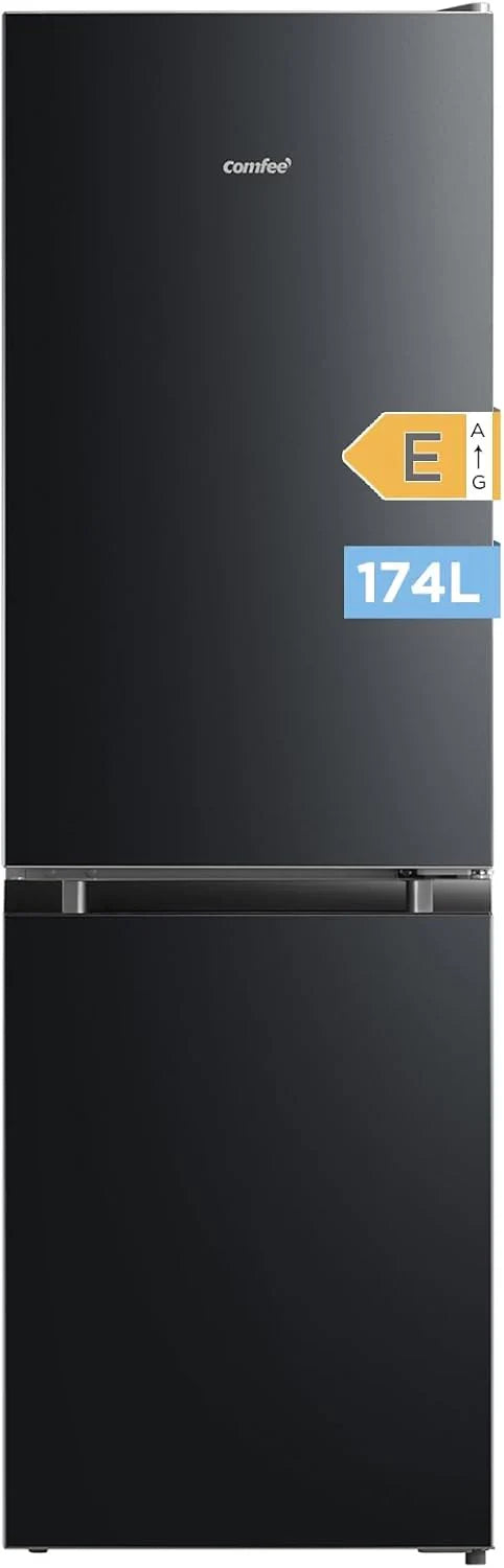 Comfee ' RCB169DK2(E) Lodówka z zamrażarką/Wysokość 150 cm/Low Frost/Regulacja temperatury/Oświetlenie LED/195 kWh/rok/Chłodziarka 115 l/Zamrażarka 59 l/Czarna