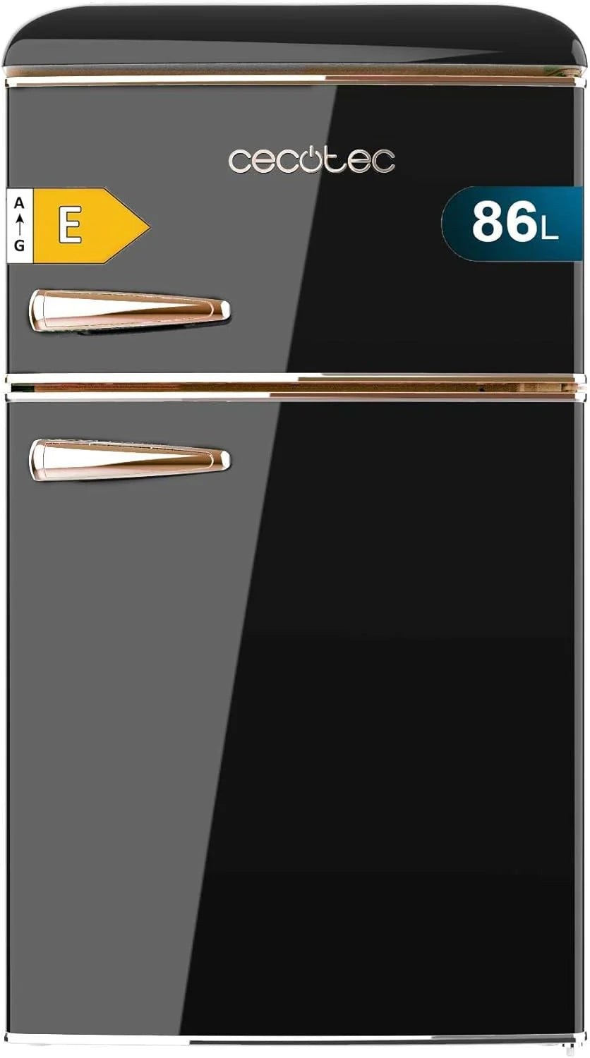 Cecotec Mała Lodówka z Zamrażarką 2-drzwiowa Retro 86L Bolero CoolMarket 2D Origin 86 Black E. Wysokość 89,3 cm i szerokość 48,7 cm, Klasa Energetyczna E, Icebox, Oświetlenie Wewnętrzne i Chromowany Uchwyt, Czarna