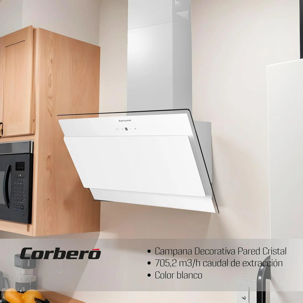 Corbero - Okap kuchenny 60 cm | ONEGA675W | 705,2 m3/h | 66db| 230W | 4 prędkości | Sterowanie dotykowe| Szkło hartowane | 1 Filtr aluminiowy + 1 Filtr węglowy | Biały