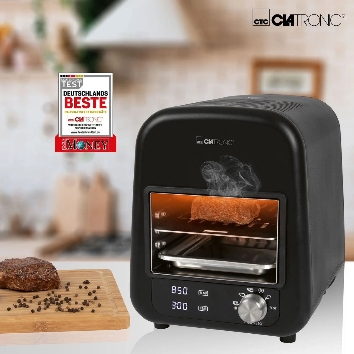 Elektryczny grill na podczerwień Barbacoa, grill ceramiczny, 5 programów gotowania, 850°C, czarny środek, 1600 W Clatronic Ebg 3760