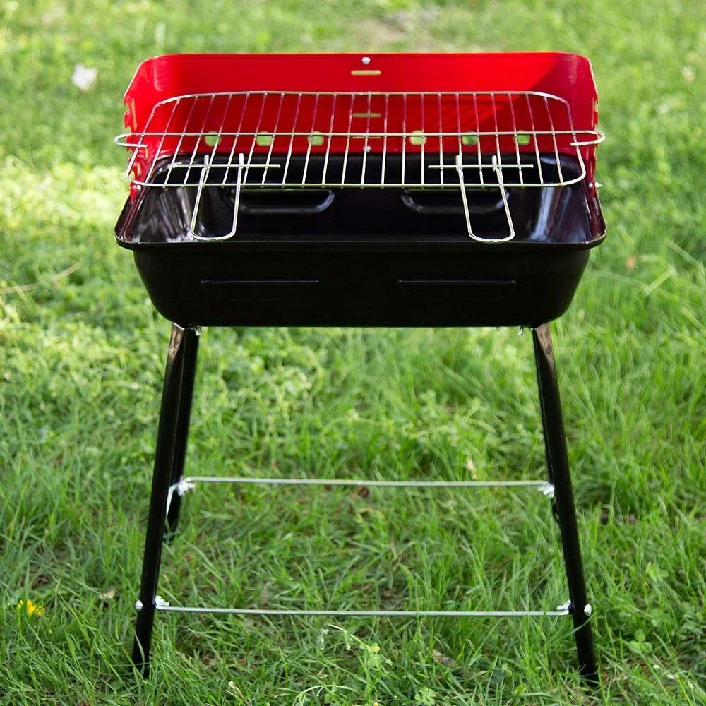 Przenośny Grill Węglowy Z Osłoną Przeciwwiatrową I Rusztem Z Regulacją Wysokości 42x42x54 Cm - Stal. Czarno-Czerwony