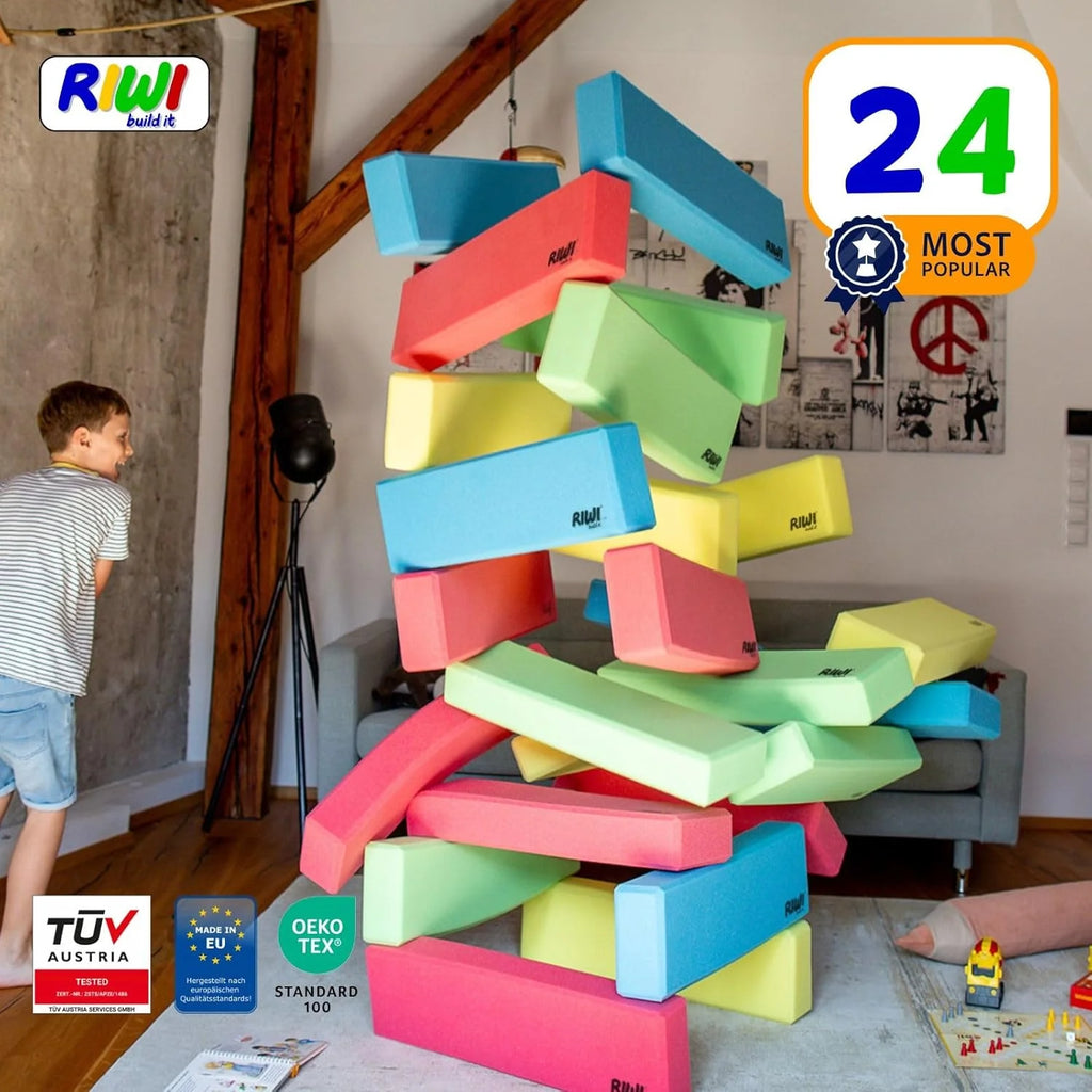 RIWI 24 Klocki Piankowe XXL | Duże i Miękkie | Certyfikat TÜV Austria | Jakość Przedszkolna | Terapia Zajęciowa