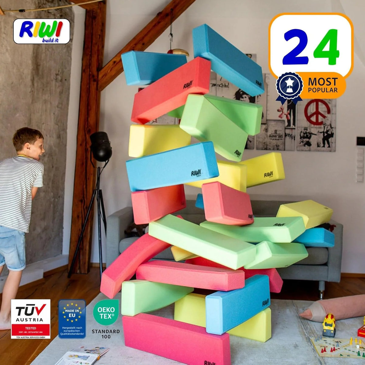 RIWI 24 Klocki Piankowe XXL | Duże i Miękkie | Certyfikat TÜV Austria | Jakość Przedszkolna | Terapia Zajęciowa