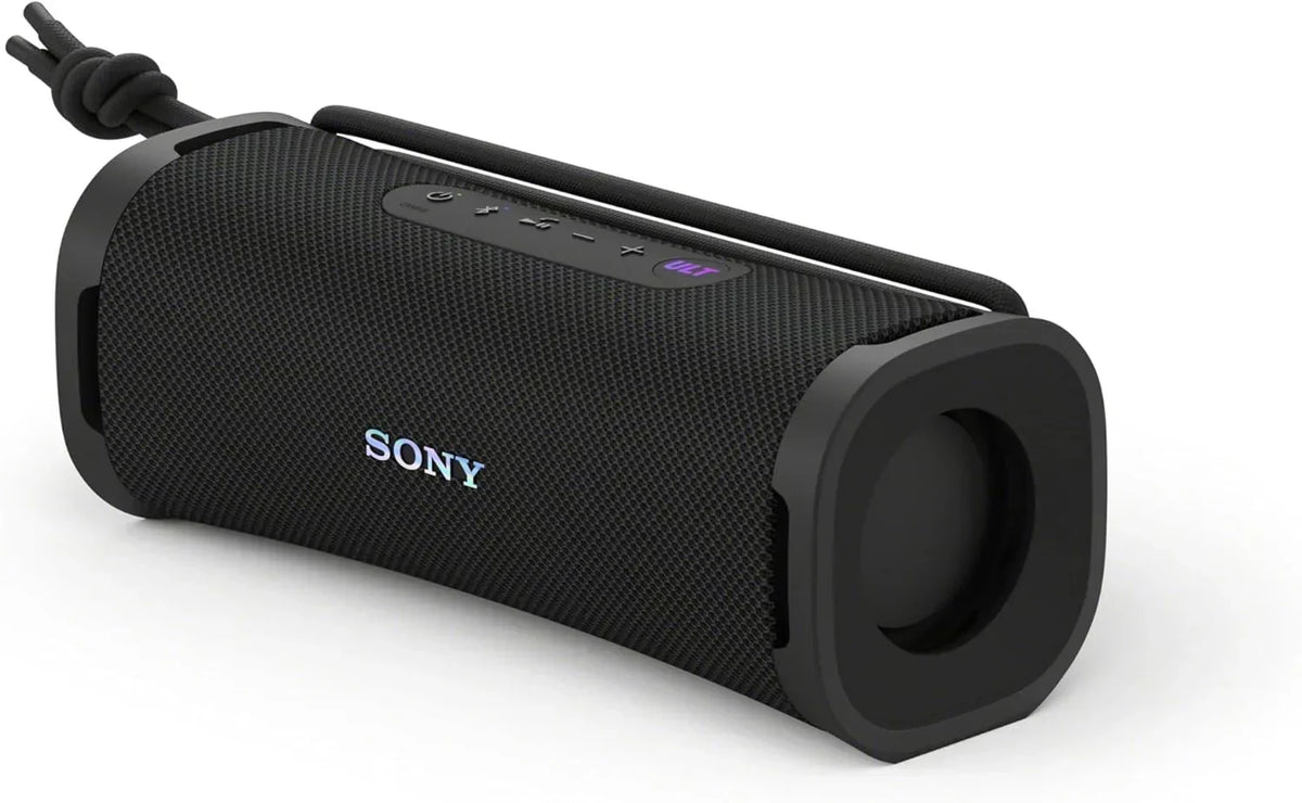 Sony ULT Field 5, potężny przenośny głośnik Bluetooth, bateria 25 godzin, 2 tryby dźwięku ULT Power Sound, wodoodporny i pyłoszczelny, światła 360 stopni, odpinany pasek na ramię, kompaktowy, czarny