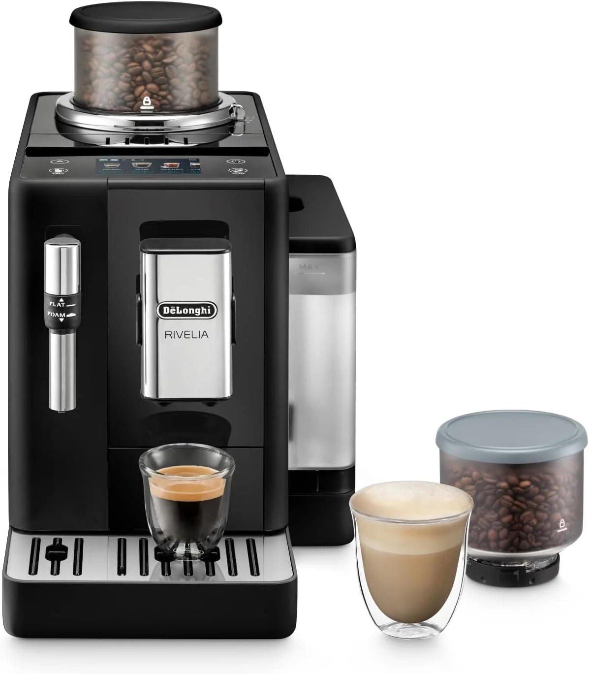 De'Longhi Rivelia EXAM440.55.G, Ekspres automatyczny z LatteCrema Hot, Automatyczny spieniacz do mleka, Kompaktowy rozmiar, 16 przepisów, Kolorowy ekran dotykowy, Szary