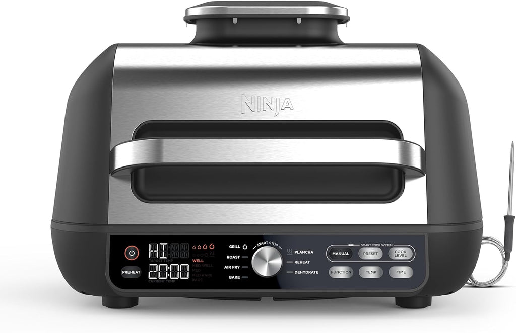 Ninja Foodi MAX PRO Grill, płaska płyta i frytkownica beztluszczowa z cyfrową sondą kuchenną i termometrem, 3,8 l, 7 funkcji gotowania w 1, części można myć w zmywarce, srebrno/czarny, AG651EU
