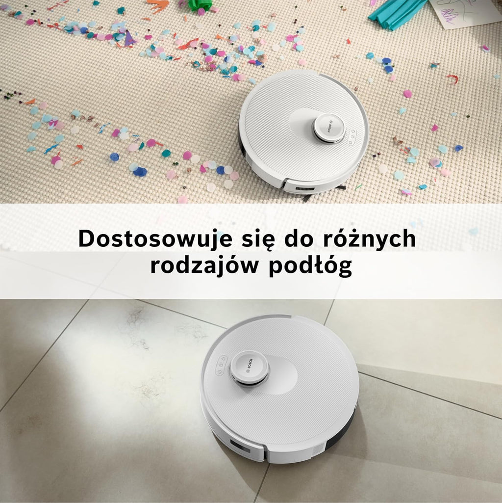 Bosch Spotless+ Robot sprzątający z funkcją mopowania, moc ssania 11 000 Pa, statyczna nakładka mopującą, stacja czyszczącą, nawigacją Smart Vision, aplikacja Bosch Home Connect, BCRD1W, biały
