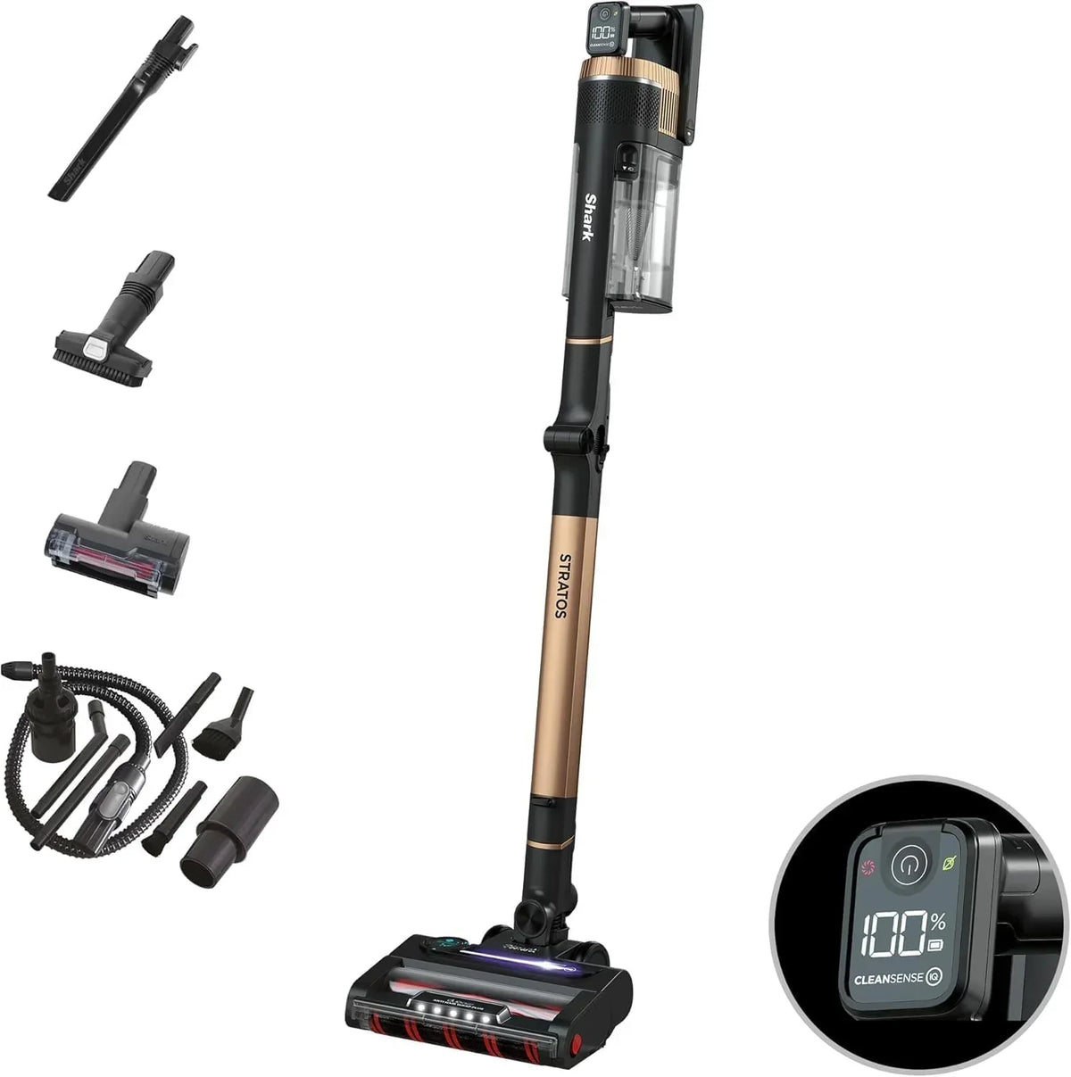 Bezprzewodowy odkurzacz Shark Stratos, 60 min pracy, technologia Anti Hair Wrap, Clean Sense IQ, PowerFins Plus, zestaw do czyszczenia samochodu, wąska dysza, szczotka wielopowierzchniowa, miedziany IZ400EUTBK