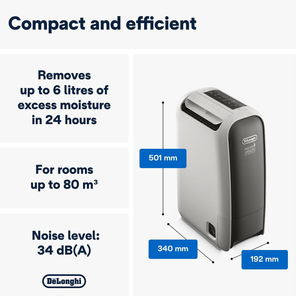 De'Longhi Tasciugo AriaDry Light DNS65, Déshumidificateur d'Air Maison, Enlève 6 litrów par Jour, Laundry Fonction, timer 8h, technologia Zéolithes, 34 decibels, 520 W, szary