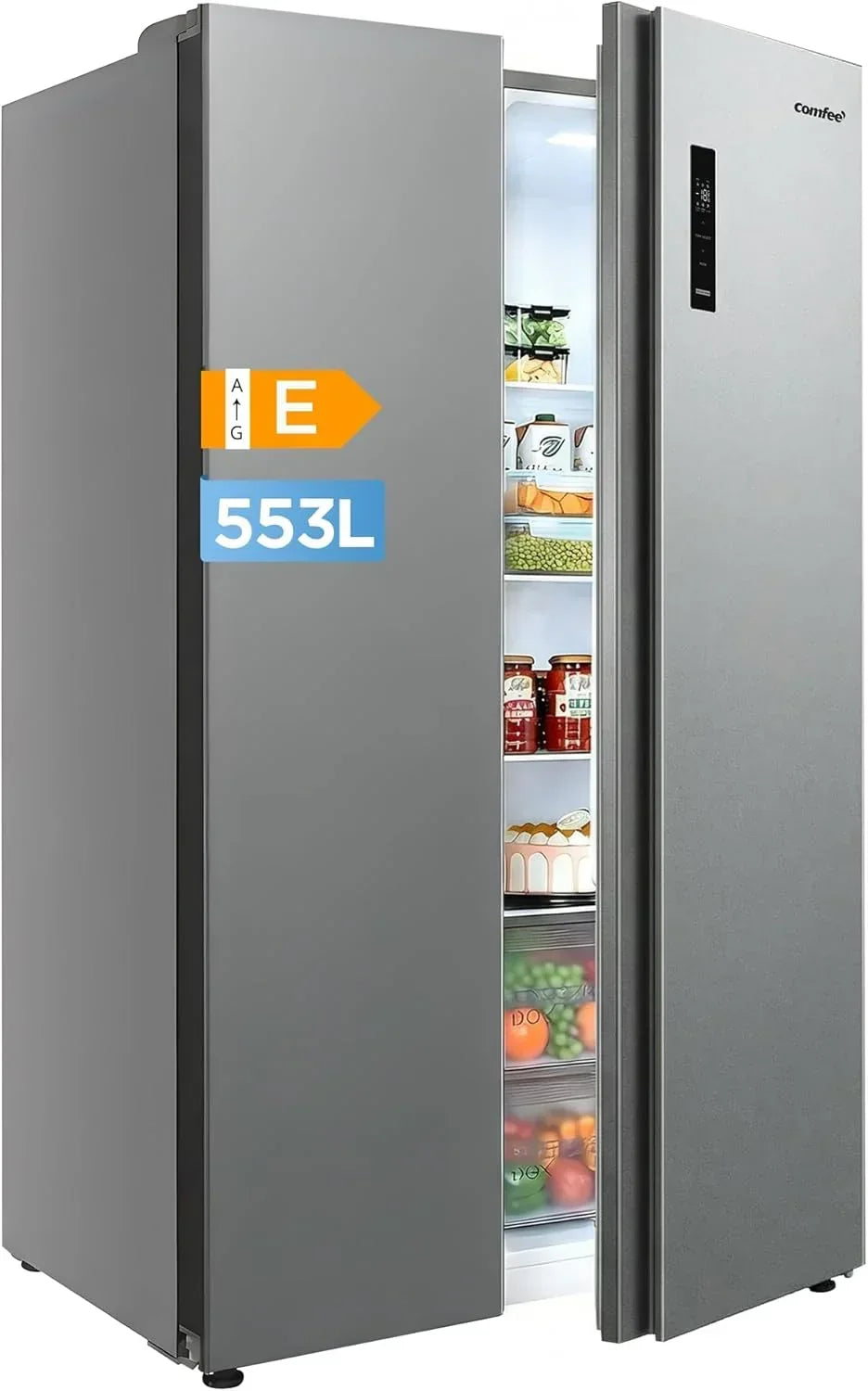 Comfee ' RCB169DK2(E) Lodówka z zamrażarką/Wysokość 150 cm/Low Frost/Regulacja temperatury/Oświetlenie LED/195 kWh/rok/Chłodziarka 115 l/Zamrażarka 59 l/Czarna