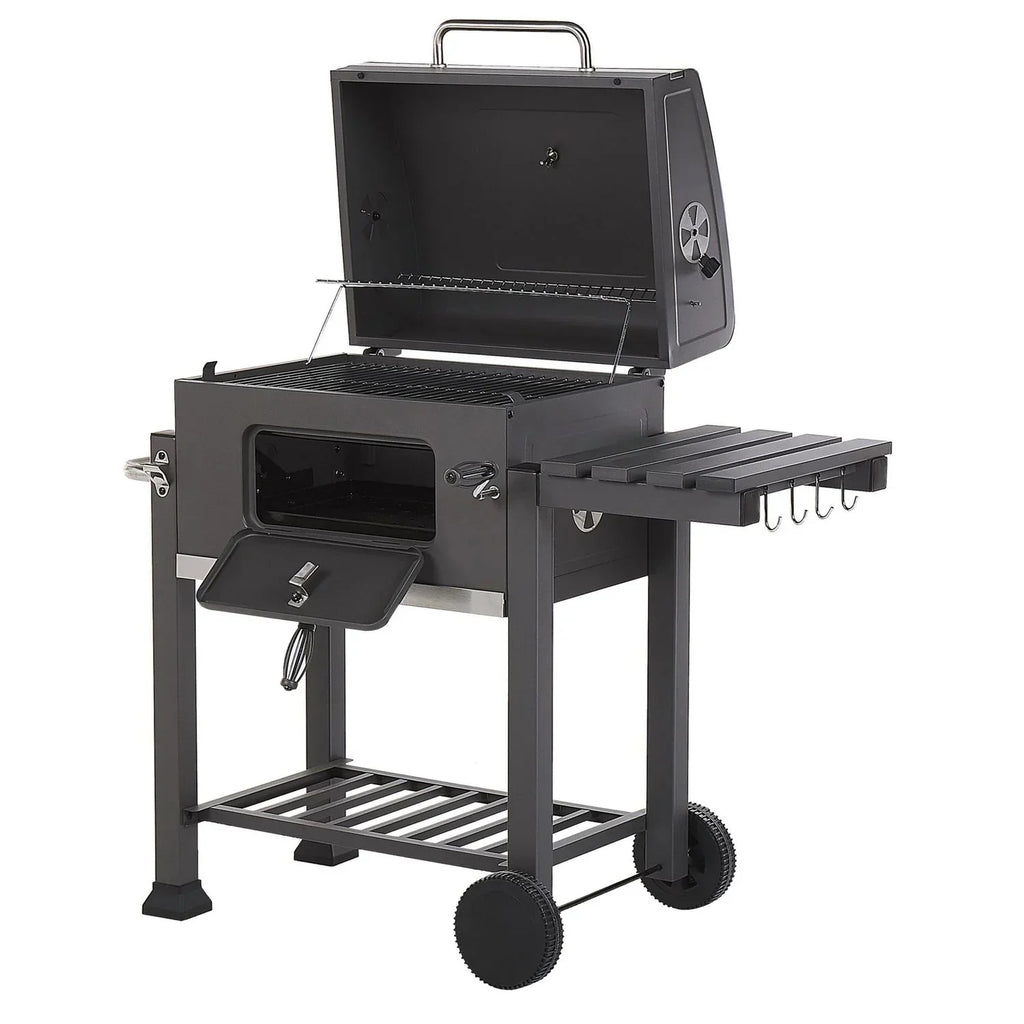Grill węglowy stalowy szary z pokrywą rusztem kółkami 2 półkami termometrem wyjmowanym popielnikiem ogród Pavlof - szary