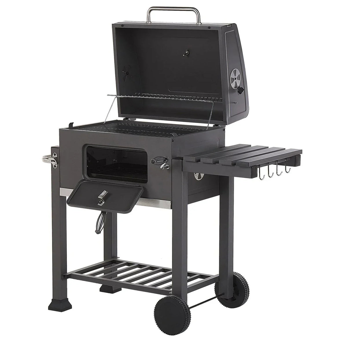 Grill węglowy stalowy szary z pokrywą rusztem kółkami 2 półkami termometrem wyjmowanym popielnikiem ogród Pavlof - szary