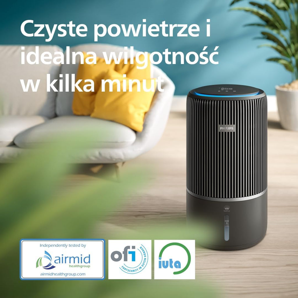 Philips Oczyszczacz i nawilżacz powietrza 2 w 1 z serii 3400, HEPA NanoProtect + filtr z aktywnym węglem, higieniczne nawilżanie 650 ml/h, CADR 300 m³/h dla 78 m² (AC3421/13)