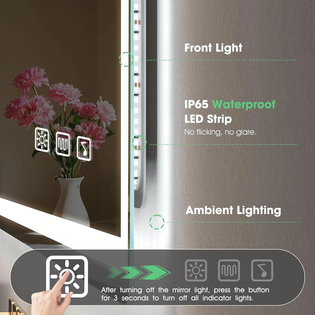 S'bagno Lustro Łazienkowe z Oświetleniem 120x70cm, Lustro LED Bluetooth z Funkcją Odmgławiania, 3000K/4000K/6500K, Ściemnialne, Pamięć, Szkło Hartowane HD, IP44-Lustra Łazienkowe LED, Poziomo/Pionowo