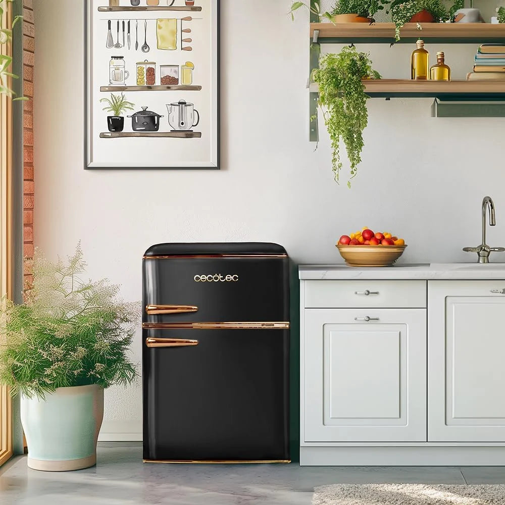 Cecotec Mała Lodówka z Zamrażarką 2-drzwiowa Retro 86L Bolero CoolMarket 2D Origin 86 Black E. Wysokość 89,3 cm i szerokość 48,7 cm, Klasa Energetyczna E, Icebox, Oświetlenie Wewnętrzne i Chromowany Uchwyt, Czarna
