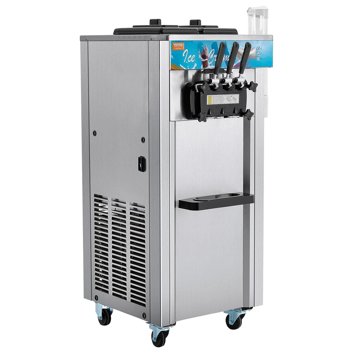 VEVOR Komercyjna Maszyna do Lodów 21-31 l/godz. 1500 W, 3 Smaki, 2 Zbiorniki 5,5 l, Wolnostojąca, Wstępne Chłodzenie, Automatyczne Czyszczenie, do Restauracji, Baru, Sklepu, Targowiska