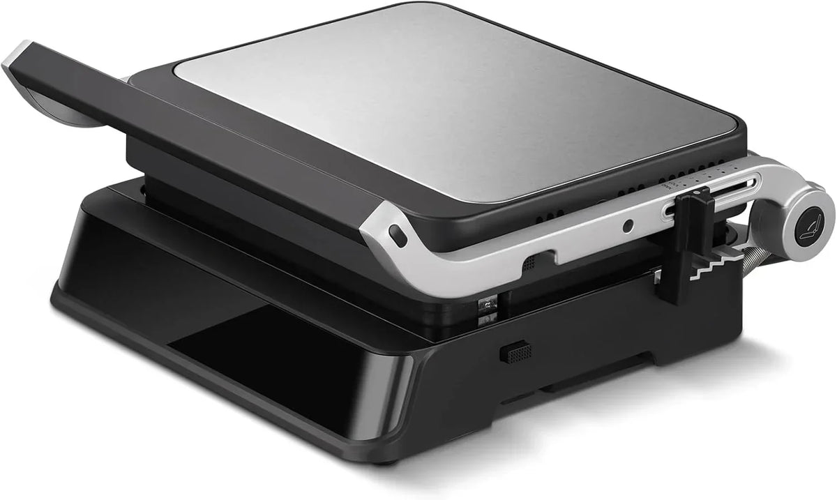 AMZCHEF Grill Elektryczny z 6 Programami, Funkcja Smażenia w Temp. do 280°C, Tryb Manualny, Czujnik Temperatury, Wyjmowane Płyty i Tacka na Gofry, Idealny do Mięsa, Ryb, Panini i Gofrów