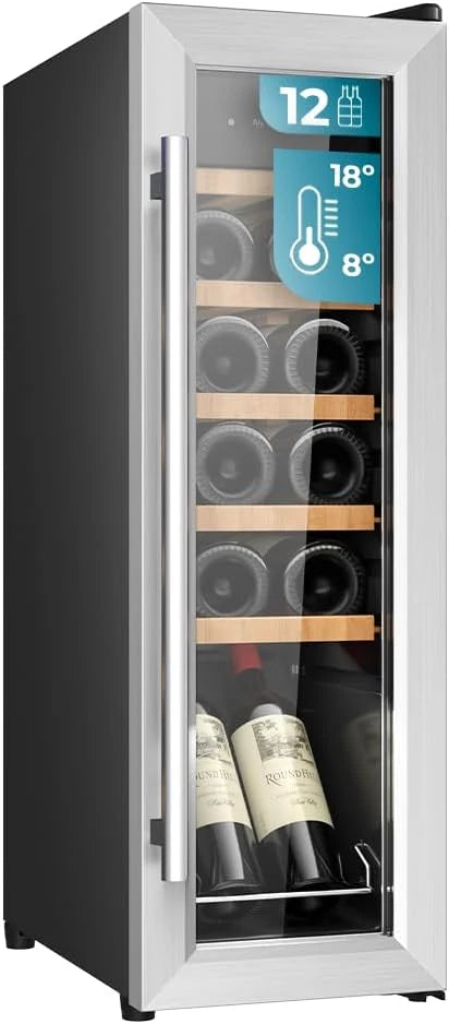 Cecotec Vinoteca Wolnostojąca Bolero GrandSommelier 1250 CoolWood. Chłodziarka do wina na 12 butelek, regulacja temperatury 8-18°C, oświetlenie LED i drewniane półki.