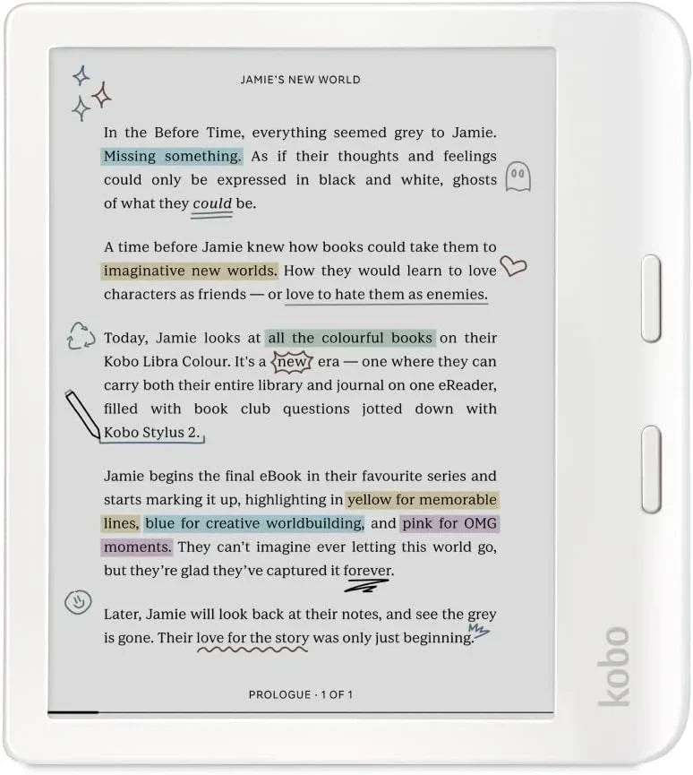 Czytnik e-booków Kobo Libra Colour | 7-calowy wyświetlacz E Ink Kaleido™ 3 | Regulowana temperatura barwowa i jasność | Redukcja niebieskiego światła | E-booki i audiobooki | Pamięć 32 GB | Wodoodporny | Biały