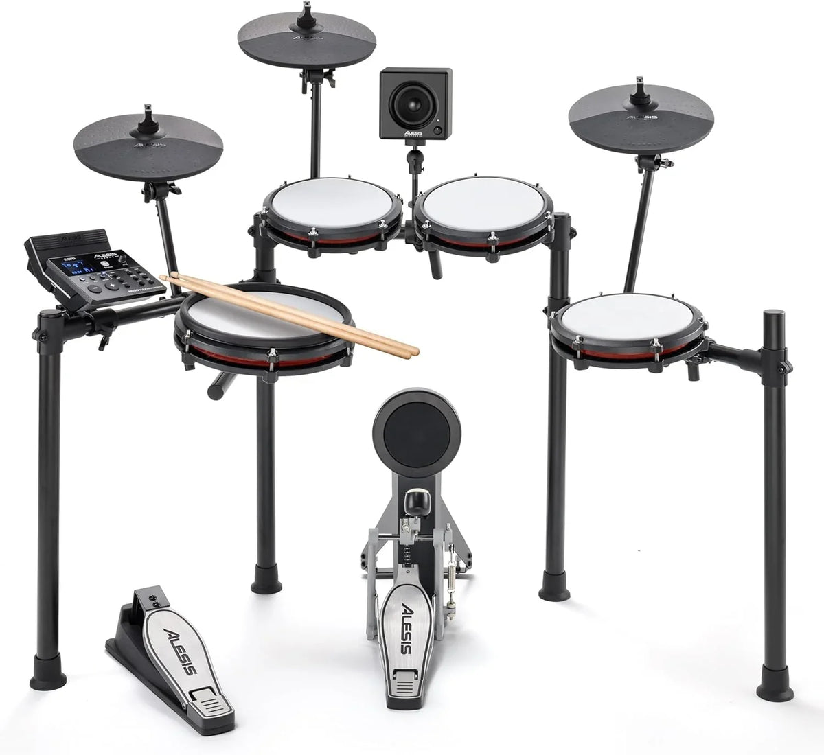 Alesis Nitro Max Kit – Elektroniczna perkusja z cichymi naciągami siateczkowymi, dwustrefowym padem werbla 10", Bluetooth, 440+ autentycznych brzmień, lekcjami Drumeo, USB MIDI, pedałem stopy