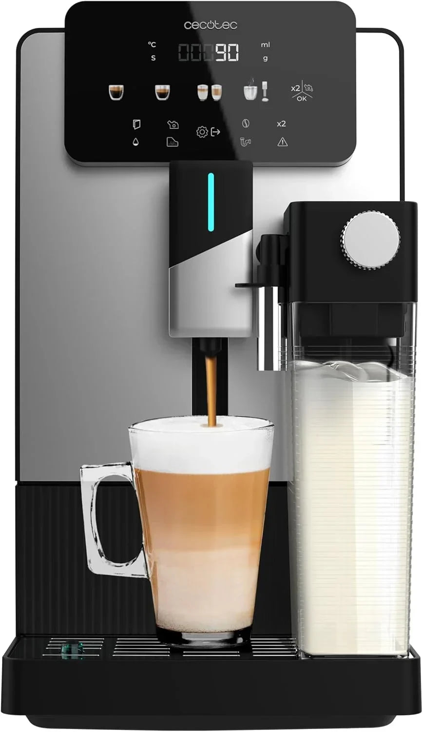Ekspres automatyczny Cecotec Cremmaet Latte Touch, 19 barów, system Thermoblock, 12 rodzajów napojów, 4 profile użytkownika, zbiornik na wodę 1,1 l i na mleko 400 ml, ekran TFT, stożkowy młynek, automatyczne czyszczenie, regulowana wysokość