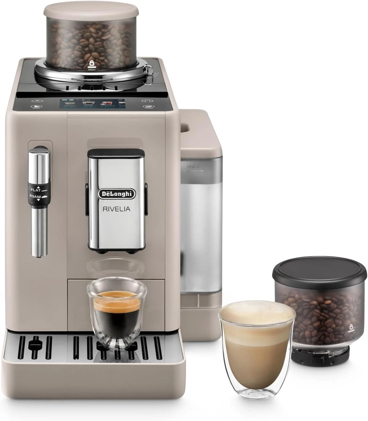 De'Longhi Rivelia EXAM440.55.G, Ekspres automatyczny z LatteCrema Hot, Automatyczny spieniacz do mleka, Kompaktowy rozmiar, 16 przepisów, Kolorowy ekran dotykowy, Szary