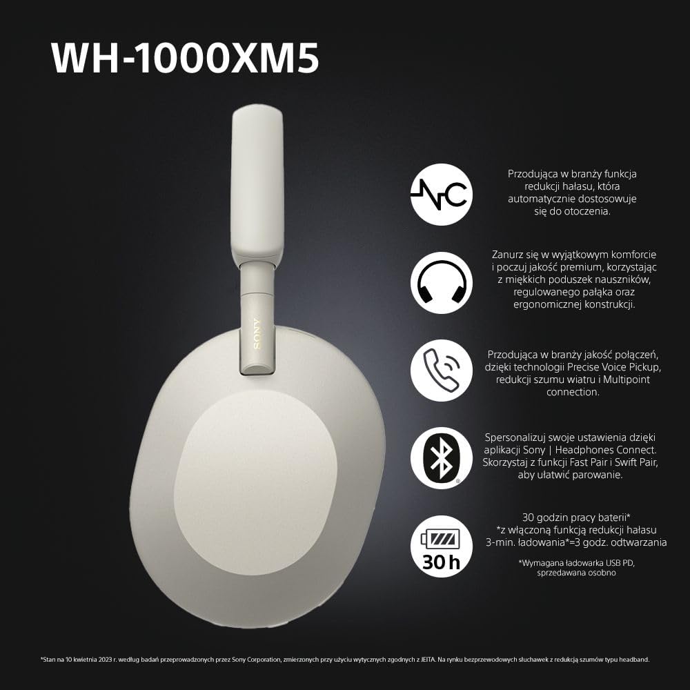 Sony WH-1000XM5 ANC Bezprzewodowe Słuchawki Nauszne z Redukcją Hałasu, Bluetooth, Clear Call Quality, Hi-Res, Do 30H Baterii, Szybkie Ładowanie, Alexa i Google Assistant, IOS i Android - Czarne