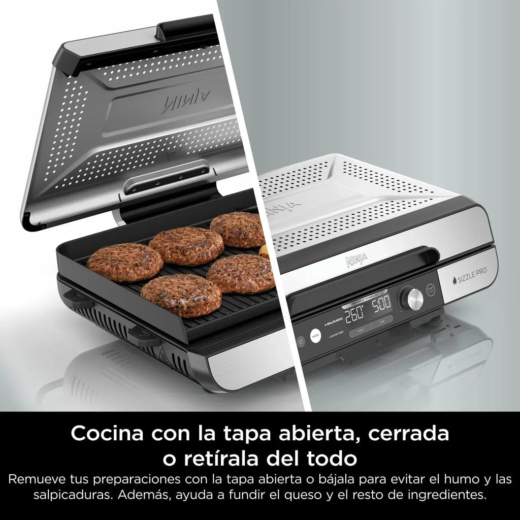 Ninja Sizzle Pro XL grill i płyta grillowa do użytku wewnątrz pomieszczeń z nieprzywierającą ceramiczną płytą grillową, odłączaną pokrywą, pojemnikiem na tłuszcz i książką z przepisami, srebrno-czarny GX101EU