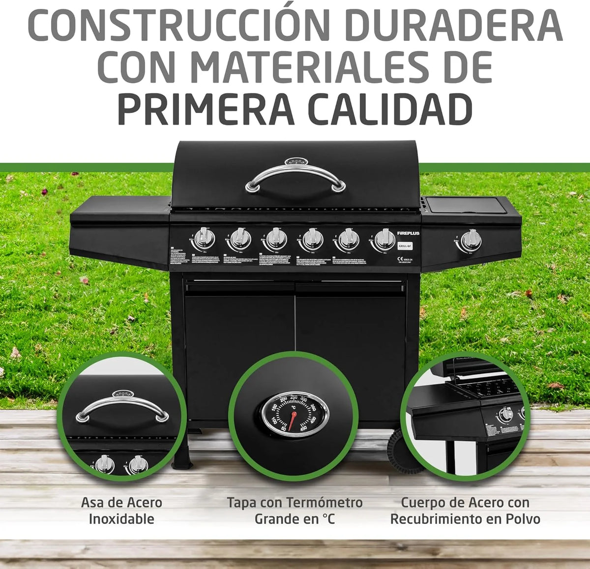 Grill gazowy Fireplus 6+1 12,9 kW – Stal nierdzewna Czarny – Grill na kółkach Model GRILL-6F – Grill XXL z wózkiem i termometrem – 138x52x103 cm – 7 palników i półka boczna