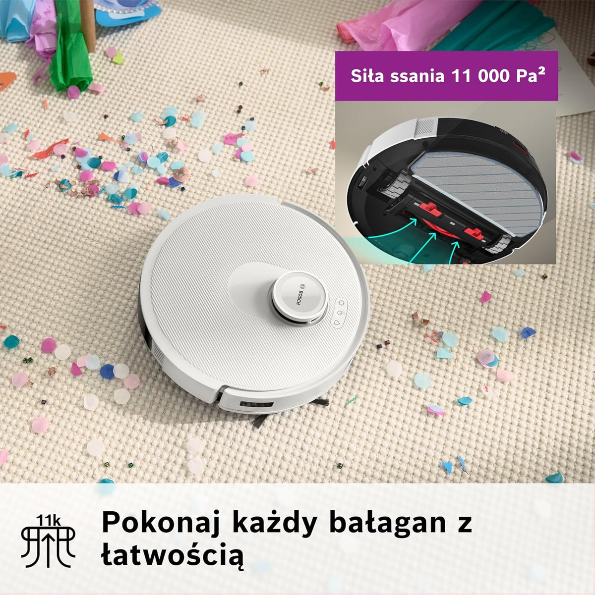 Bosch Spotless+ Robot sprzątający z funkcją mopowania, moc ssania 11 000 Pa, statyczna nakładka mopującą, stacja czyszczącą, nawigacją Smart Vision, aplikacja Bosch Home Connect, BCRD1W, biały
