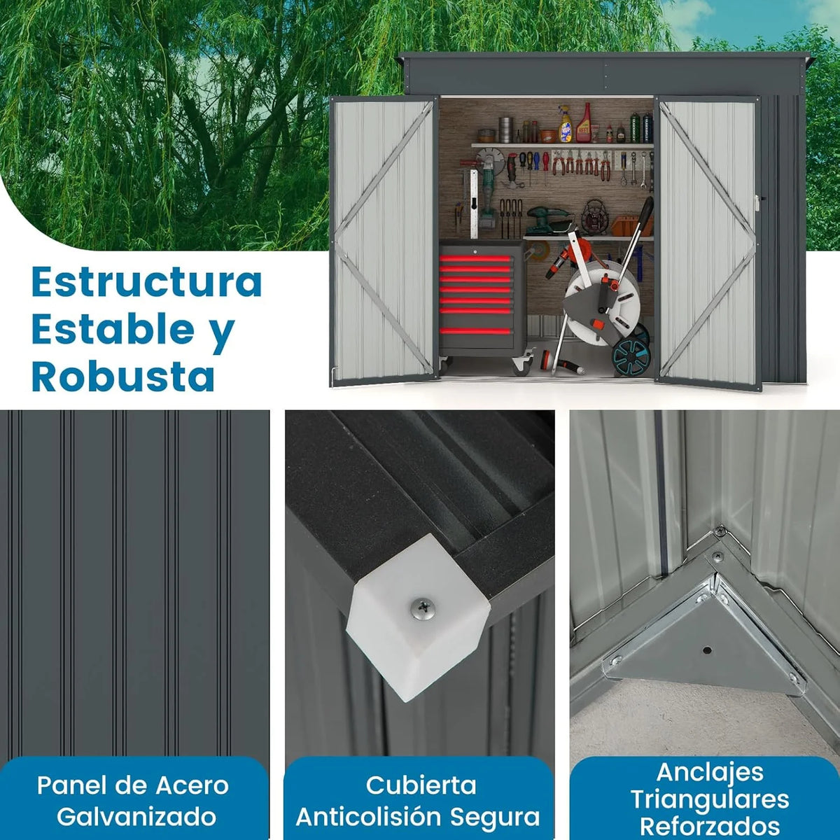 COSTWAY Szopa Ogrodowa Zewnętrzna, 235 x 117 x 185 cm, Schowek Ogrodowy Zewnętrzny z 2 Drzwiami, Pochyłym Dachem, Domek Organizator z Galwanizowanego Metalu, Organizator Narzędzi do Ogrodu na Patio
