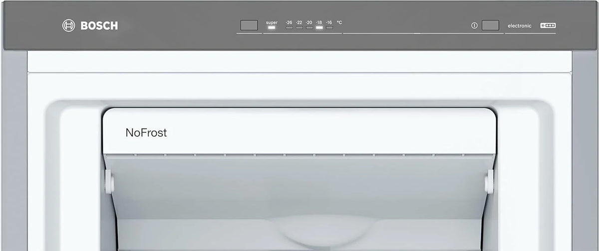 Bosch - Zamrażarka pionowa NoFrost, Seria 4, wys. 186 x szer. 60 cm, 242 L, szuflady BigBox na duże produkty, system MultiAirflow, stal szlachetna, GSN29VIEP