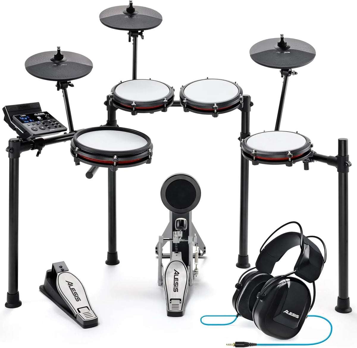 Alesis Nitro Max Kit – Elektroniczna perkusja z cichymi naciągami siateczkowymi, dwustrefowym padem werbla 10", Bluetooth, 440+ autentycznych brzmień, lekcjami Drumeo, USB MIDI, pedałem stopy