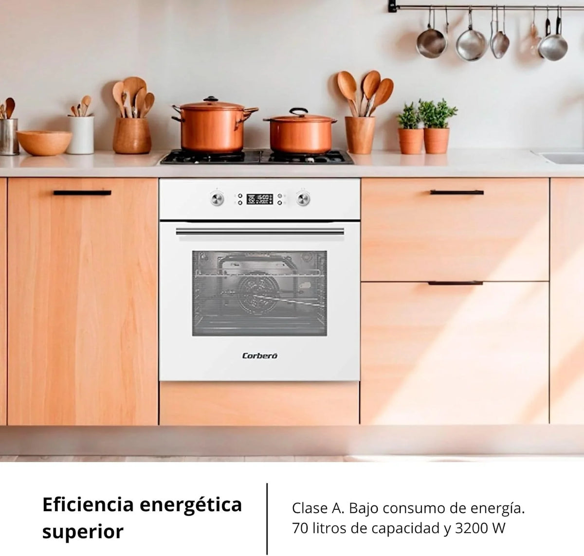 Corberó - Piekarnik pirolityczny wielofunkcyjny 70L | CCHMP1033W | 59.5cm(dł.)x59.5cm(wys.)x57.5cm(gł.) | 3200W | Wyświetlacz cyfrowy | Chowane pokrętła | Podwójne szklane drzwi | Wysuwane prowadnice | 8 programów, Biały