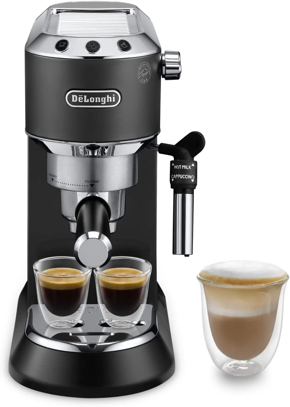 De'Longhi Dedica – Ekspres Kolbowy do Kawy Mielonej lub w Saszetkach, Espresso i Cappuccino, Zbiornik 1.3 Litra, System Anti-Drip, Model EC685.M, Kolor Metaliczny