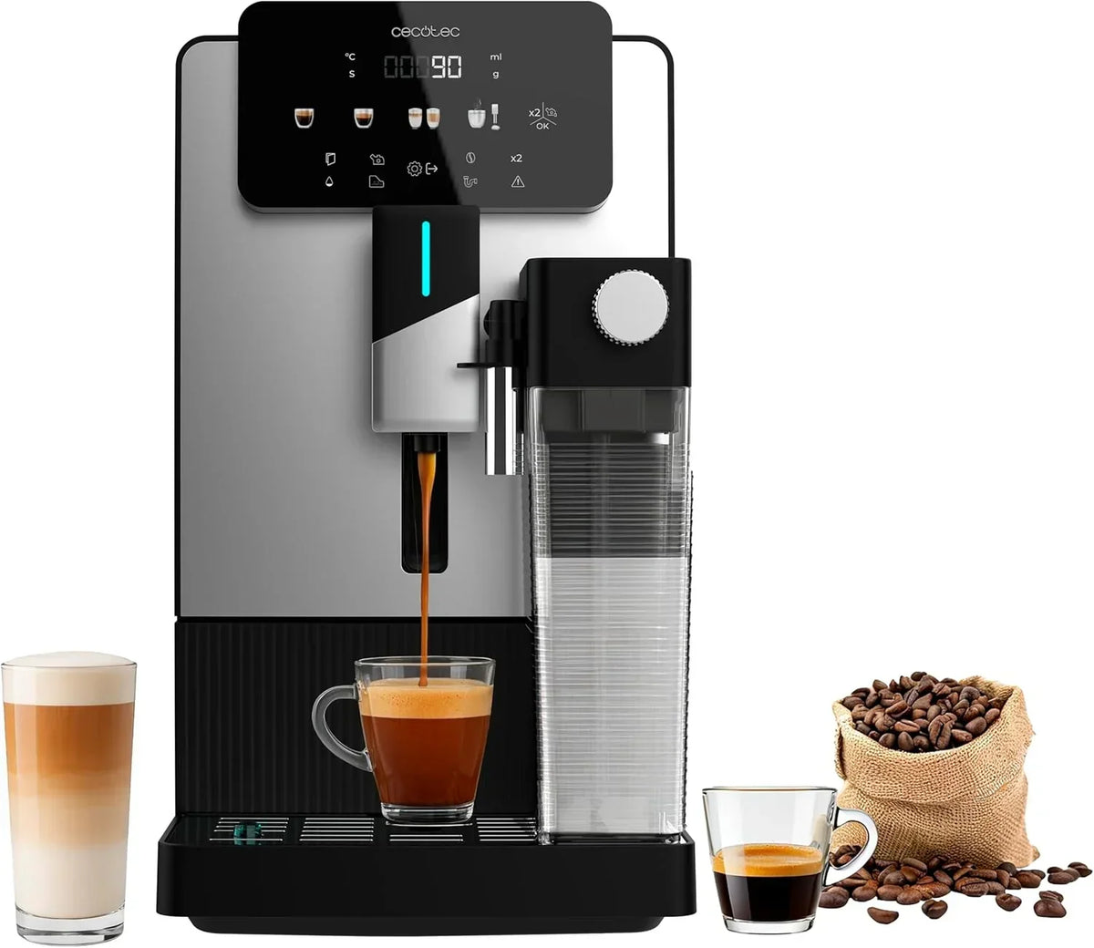 Ekspres automatyczny Cecotec Cremmaet Latte Touch, 19 barów, system Thermoblock, 12 rodzajów napojów, 4 profile użytkownika, zbiornik na wodę 1,1 l i na mleko 400 ml, ekran TFT, stożkowy młynek, automatyczne czyszczenie, regulowana wysokość