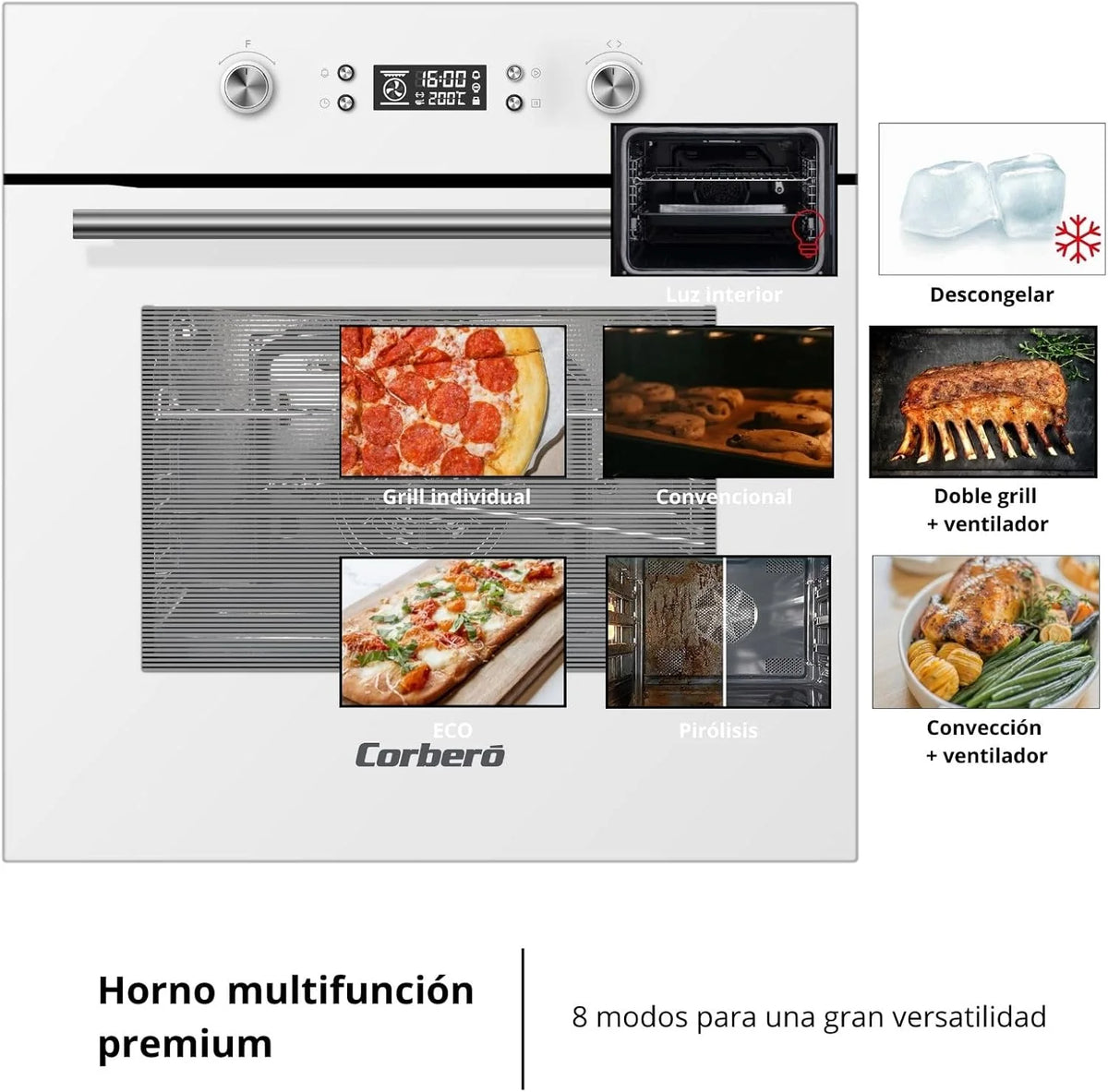Corberó - Piekarnik pirolityczny wielofunkcyjny 70L | CCHMP1033W | 59.5cm(dł.)x59.5cm(wys.)x57.5cm(gł.) | 3200W | Wyświetlacz cyfrowy | Chowane pokrętła | Podwójne szklane drzwi | Wysuwane prowadnice | 8 programów, Biały