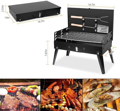 Przenośny grill węglowy ze stali nierdzewnej, składany grill na świeżym powietrzu z haczykami narzędziowymi na kemping, piknik, ogród, imprezę, podróż, idealny do gotowania na świeżym powietrzu