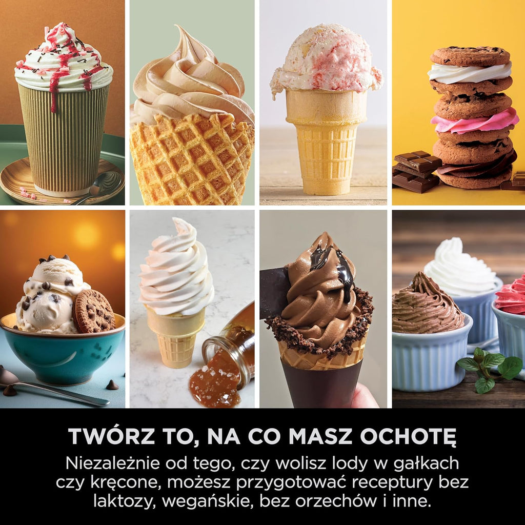 Ninja CREAMI Scoop & Swirl maszynka do lodów z 2 pojemnikami, 13 funkcji, przygotowuje lody, lody włoskie, gelato, sorbety, koktajle mleczne i inne desery, opcja dodatków, Srebrny, NC701EU