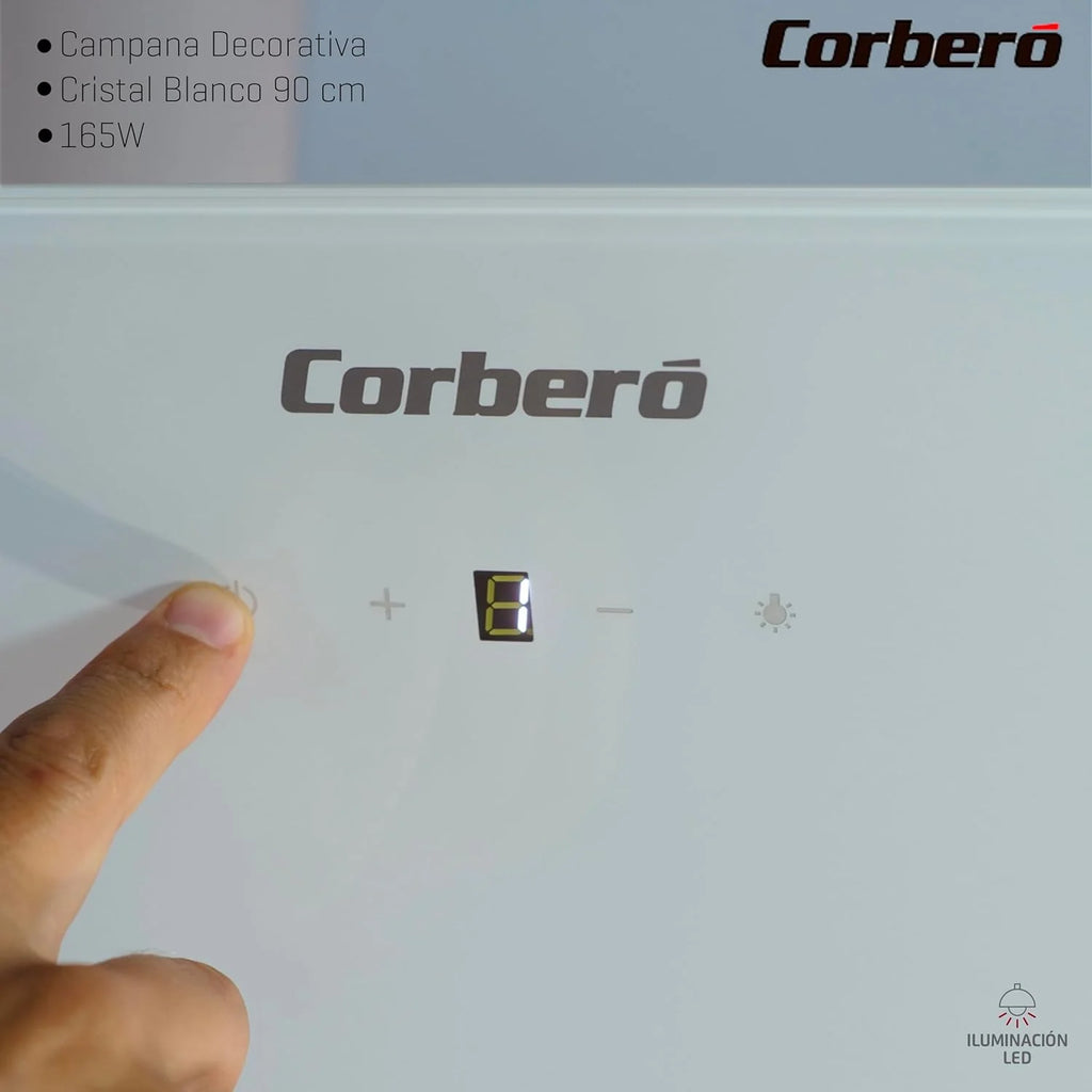 Corberó - Okap Kuchenny 90 cm | VICTORIA960W | 594,2 m3/h| 67db| 165W, |3 prędkości, | Sterowanie dotykowe |Szkło hartowane | Filtr aluminiowy + filtr węglowy | Białe szkło