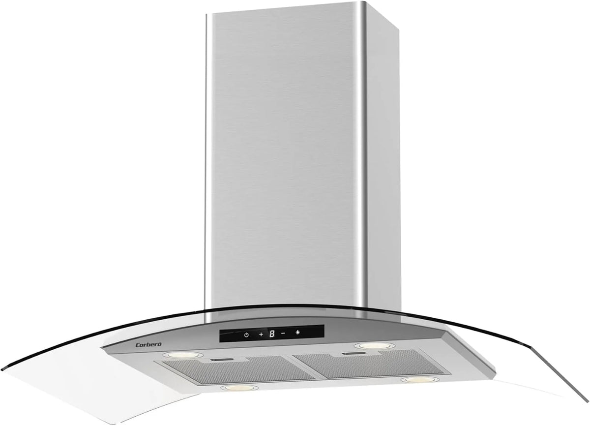 Corberó – Okap Wyspowy 90 cm | SIROS9100 | Wydajność 946m³/h | 66db | 296W | 6 Prędkości | Sterowanie Dotykowe | 2 Filtry Aluminiowe + Filtr Węglowy | Inox