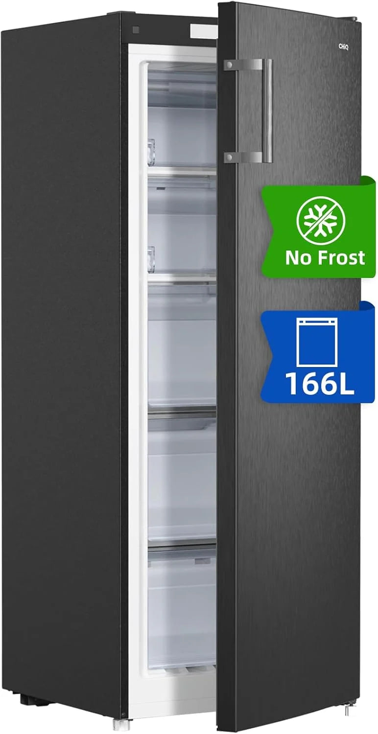 CHiQ Pionowa zamrażarka No Frost 166L, FSD166NE4E, szuflady XL, elektroniczna kontrola temperatury, odwracalne drzwi, cicha, pojemnik na lód, kolor czarny inox, klasa energetyczna E